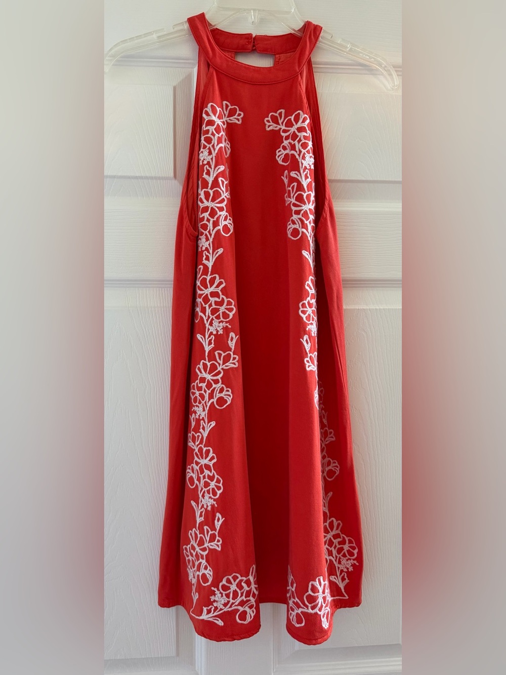 Lulus Fabiola Coral Orange Embroidered Halter Shift Dress Size M EUC